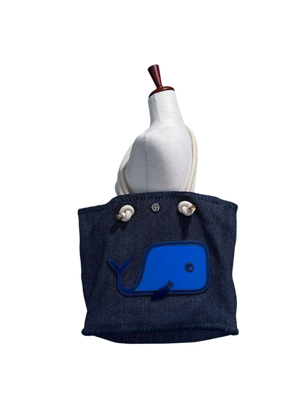 Tory Burch Knotted Whale Beach/Pool Tote Blue Canvas Nautical Whimsical Vacatio